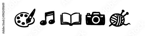 Hand-drawn icons representing creative hobbies: painting, music, reading, photography, and knitting. Simple black and white doodle style illustration of various artistic activities and pastimes.