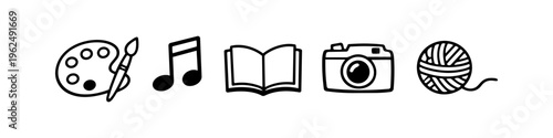 A set of hand-drawn minimalist icons representing creative hobbies: painting, music, reading, photography, and knitting. Simple black and white vector doodles for lifestyle and interest themes.