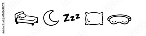 Hand-drawn sleep icon set featuring a bed, crescent moon, Zzz symbols, pillow, and eye mask. Minimalist black line art on white background for bedtime, rest, and relaxation concepts.