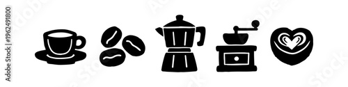 Set of five black minimalist coffee icons including a cup, beans, moka pot, manual grinder, and latte art heart. Perfect for cafe branding, menus, and coffee shop design.