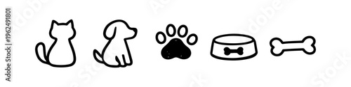 Minimalist set of five hand-drawn pet icons including a cat, dog, paw print, food bowl, and bone. Simple black line art on white background for veterinary clinic or pet shop branding.
