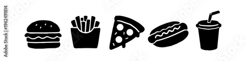 Set of black fast food silhouette icons including a burger, french fries, pizza slice, hot dog, and a soft drink cup with a straw, isolated on a white background for menu or restaurant design.