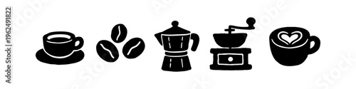 Set of black coffee icons including a cup and saucer, coffee beans, a moka pot, a manual grinder, and latte art with a heart, isolated on a white background.
