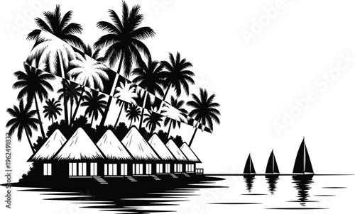 Black and white of tropical island with huts and sailboats palm trees