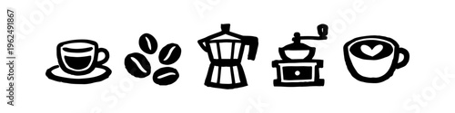 Set of hand-drawn coffee icons including espresso, coffee beans, Moka pot, vintage grinder, and latte art. Minimalist black and white doodle style for cafe menus and branding.