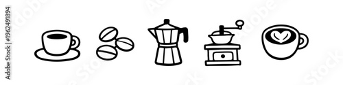 Set of hand-drawn coffee icons including a cup, beans, Moka pot, manual grinder, and latte art. Simple black and white line art doodles for cafe menus and branding.