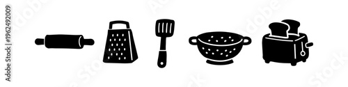 Set of black hand-drawn kitchen utensil icons including a rolling pin, cheese grater, spatula, colander, and toaster with bread. Flat silhouette vector illustrations for cooking and baking.