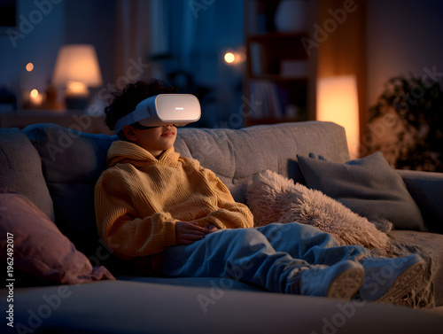 Child wearing virtual reality headset sits on a couch in a cozy living room, soft lighting from lamps and decorative elements creating a warm atmosphere