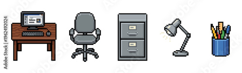 Pixel art office furniture and supplies collection featuring a computer desk, ergonomic chair, filing cabinet, desk lamp, and pen holder, all rendered in a charming retro 8-bit style.
