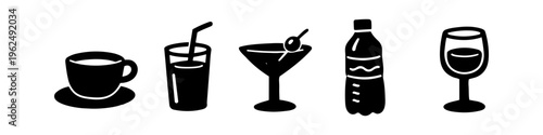 Set of hand-drawn beverage icons including coffee, juice, cocktail, water, and wine. Minimalist black silhouettes for menus, websites, and restaurant graphic design.