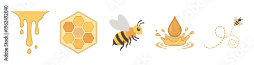 Bee honey honeycomb elements collection featuring dripping golden liquid, hexagonal cells, and flying insects in a charming cartoon style.