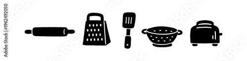 Minimalist set of black hand-drawn kitchen tool silhouettes: rolling pin, grater, spatula, colander, and toaster. Vector icons for culinary, cooking, and home kitchen concepts.