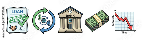 Financial icons illustrate various economic concepts including loan approval, global currency exchange, banking services, stacks of money, and a graph depicting market decline over time.