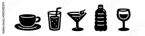 Collection of minimalist hand-drawn beverage icons including coffee, juice, cocktail, bottled water, and wine. Clean black silhouettes on a white background, ideal for menus and apps.