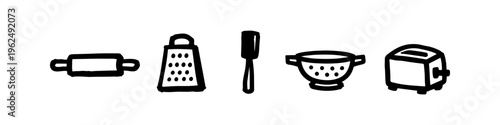 Set of hand-drawn doodle kitchen tools including a rolling pin, grater, spatula, colander, and toaster. Simple black and white line art icons for cooking, baking, and culinary themes.