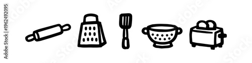 Set of hand-drawn kitchen utensil icons including rolling pin, cheese grater, spatula, colander, and toaster. Black line art doodle style isolated on white background for culinary designs.