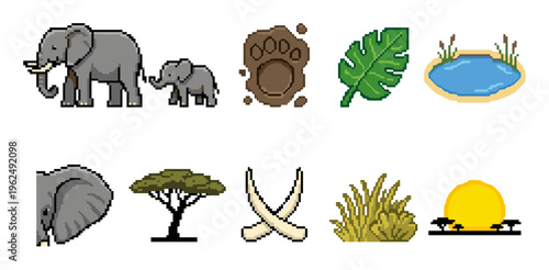 African safari wildlife pixel art icons collection showcasing elephants, acacia trees, waterholes, and other natural elements for game development.