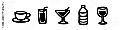 Hand-drawn beverage icon set featuring coffee, juice, cocktail, water bottle, and wine glass. Minimalist black ink doodle style icons for menu design and hospitality on a white background.