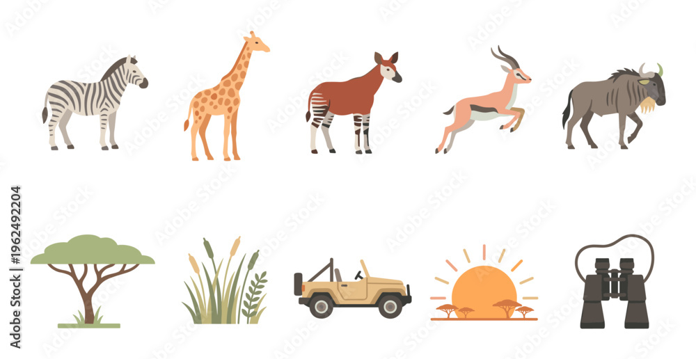 Fototapeta premium African safari animals and elements collection featuring a zebra, giraffe, okapi, gazelle, wildebeest, jeep, binoculars, and sunset.
