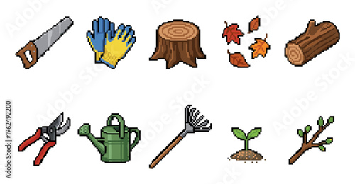 Pixel art gardening tools, nature elements, forestry items, and outdoor activity icons rendered in a charming retro 8-bit style for digital projects.