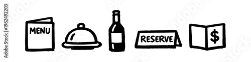 Hand-drawn black and white restaurant icon set featuring a menu, food cloche, wine bottle, reserved sign, and bill folder. Minimalist doodle style for cafe and dining concepts.