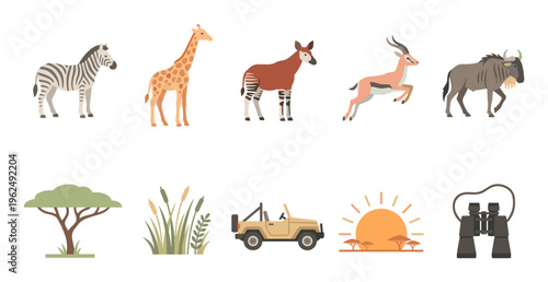 African safari animals and elements collection featuring a zebra, giraffe, okapi, gazelle, wildebeest, jeep, binoculars, and sunset.