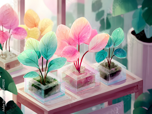 Colorful decorative plants with translucent leaves in clear containers arranged on a wooden table inside a bright greenhouse with soft natural light