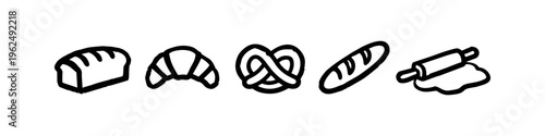 Hand-drawn minimalist bakery icons featuring bread, croissant, pretzel, baguette, and a rolling pin with dough. Perfect for cafe menus, bakery branding, and kitchen decor.