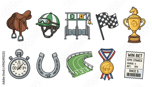 Horse racing equipment and accessories collection featuring various items like saddles, helmets, trophies, and betting slips for equestrian sports.