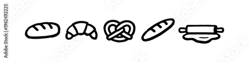 Hand-drawn doodle set of bakery items including bread, croissant, pretzel, baguette, and a rolling pin with dough. Minimalist black line art on a white background for food-themed designs.