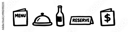 Hand-drawn minimalist restaurant icons set featuring menu, food cloche, wine bottle, reserved sign, and bill folder. Black doodle style vector illustration for dining and hospitality designs.