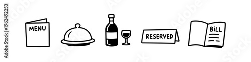 Hand-drawn restaurant icon set featuring a menu, food cover cloche, wine bottle, reserved sign, and bill receipt. Perfect for hospitality and dining designs.