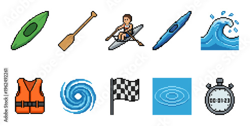 Pixel art collection of kayaking and rowing equipment, including boats, paddles, life vests, and water elements, perfect for retro game design.