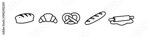 Set of hand-drawn minimalist bakery icons including bread loaf, croissant, pretzel, baguette, and rolling pin with dough. Black line art doodles for pastry shop and baking themes.