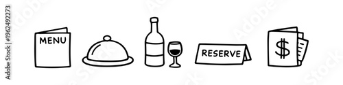 Hand-drawn doodle set of restaurant icons featuring a menu, food cloche, wine bottle, reserved sign, and bill folder. Minimalist black line art on white background for catering and dining.