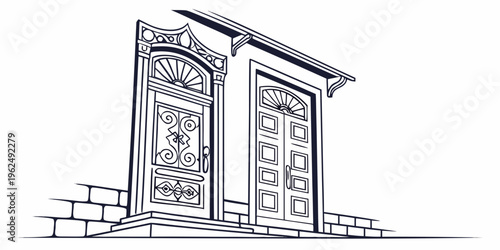 An intricately designed double door with a small porch and steps