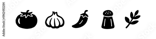 Set of black minimalist food icons including tomato, garlic, chili pepper, salt shaker, and herbs. Ideal for cooking, restaurant menus, and kitchen-related graphic design projects.