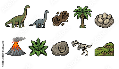 Pixel art dinosaur elements and prehistoric nature icons, including ancient creatures, fossils, plants, and a volcano, for retro game design.