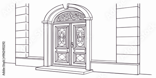 A detailed sketch of an ornate door with intricate designs and a semi-circular arch