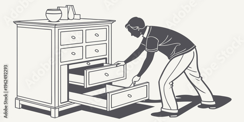 A person is bending over to open the bottom drawer of a wooden dresser.