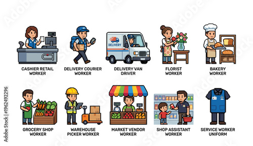 Collection of diverse service and retail workers are illustrated in a unique pixel art style, representing various essential occupations.