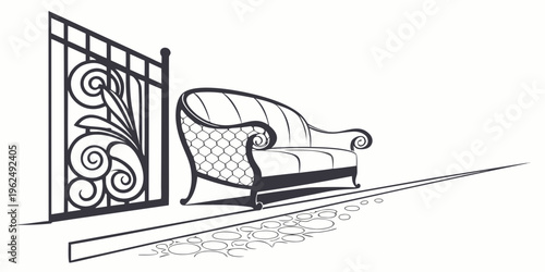 A vintage armchair sits outside a wrought iron gate on a stone path.