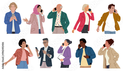 Diverse group of people talking on mobile phones. Each person shows different expressions and styles. Casual outfits, varied skin tones, and ages are visible. Image conveys modern communication