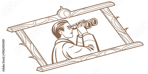 Astronomer observing the night sky through a telescope in a wooden observatory.