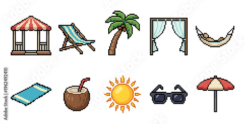 Summer beach vacation pixel art icons collection featuring various elements like a palm tree, hammock, sunglasses, and umbrella, perfect for retro game design.