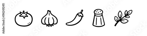 Set of minimalist black and white hand-drawn food icons including tomato, garlic, chili pepper, salt shaker, and herbs. Vector illustration banner for kitchen, cooking, and recipes.