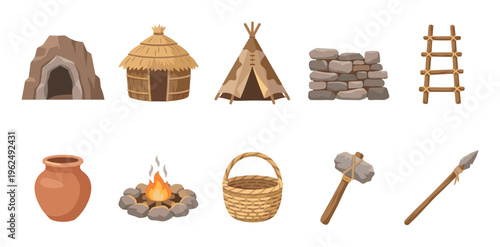 Prehistoric tools, dwellings, and everyday items are essential elements depicting ancient human life and early civilization in a comprehensive vector illustration.