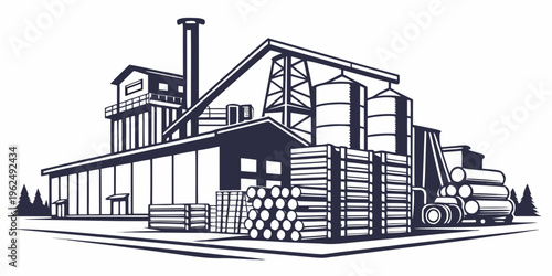 A detailed illustration of a large industrial facility with various buildings and machinery