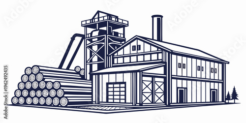 A large industrial building with a factory and stacks of logs in the foreground.