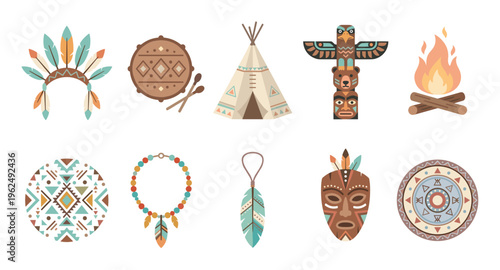 Indigenous cultural elements and symbols are depicted in a flat design style, showcasing traditional items like a totem pole, teepee, drum, and feathered headdress.